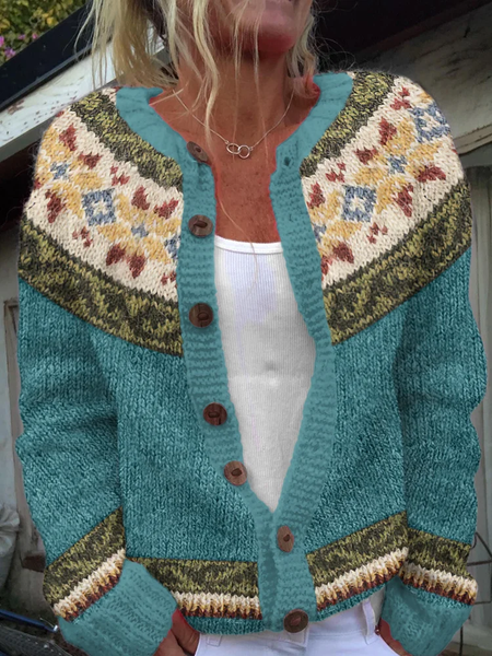

Women's Retro Ethnic Geometric Print Knitted Cardigan, As picture, Cardigans