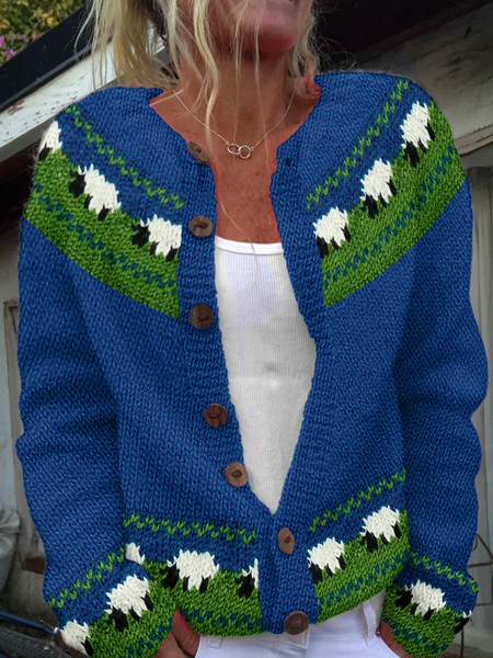 Women's Sheep Print Casual Knit Cardigan, Blue, Cardigans