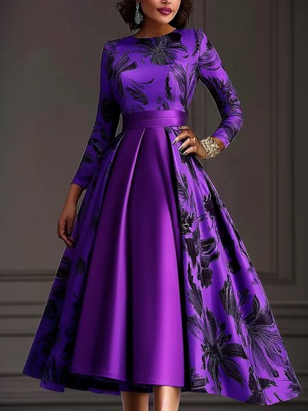 

Regular Fit Crew Neck Regular Sleeve Floral Elegant Party Dress With No Belt, Purple, Midi Dresses