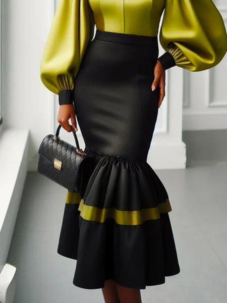 

Urban Color Block Split Joint Mermaid Skirt, As picture, Skirts