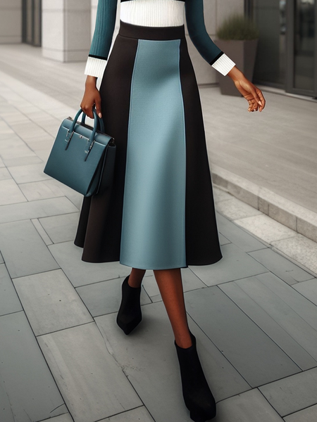 

Micro-Elasticity Color Block Loose Elegant Midi Skirt, As picture, Skirts