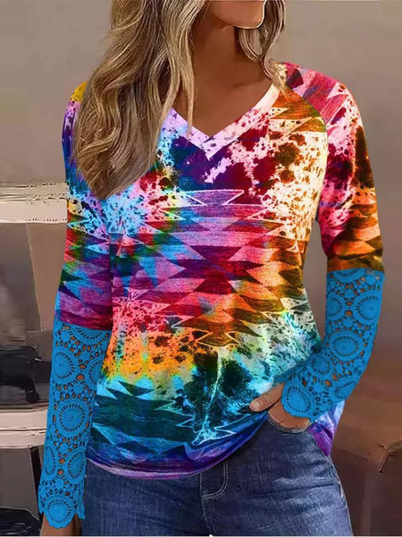 

V Neck Long Sleeve Ethnic Regular Micro-Elasticity Loose Blouse For Women, Multicolor, T-shirts