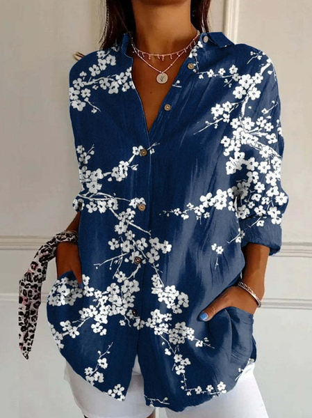 Shirt Collar Loose Casual Shirt, Deep blue, Blouses