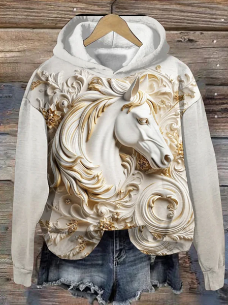 

Women's Vintage Embossed Horse Print Hoodie, Apricot, Hoodies&Sweatshirts