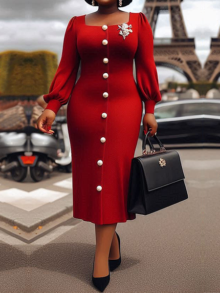 

Micro-Elasticity Regular Sleeve Elegant Square Neck Long Sleeve Plain Regular Fit Dress Brooch Not included, Red, Midi Dresses