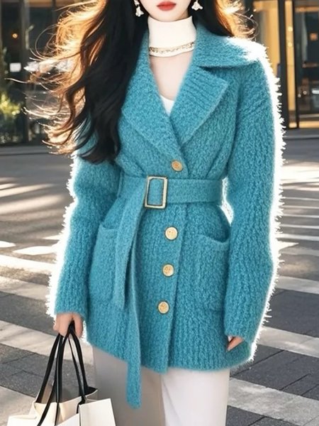 

Urban Buttoned Long Sleeve Lapel Collar Cardigan Sweater With Belt, Blue, Cardigans