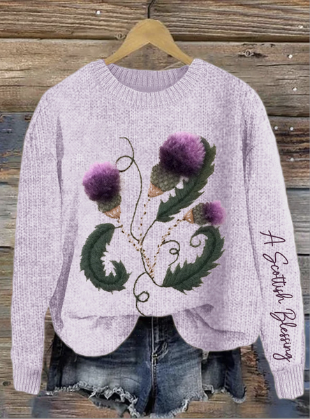 Scottish purple floral round neck sweater, Sweaters