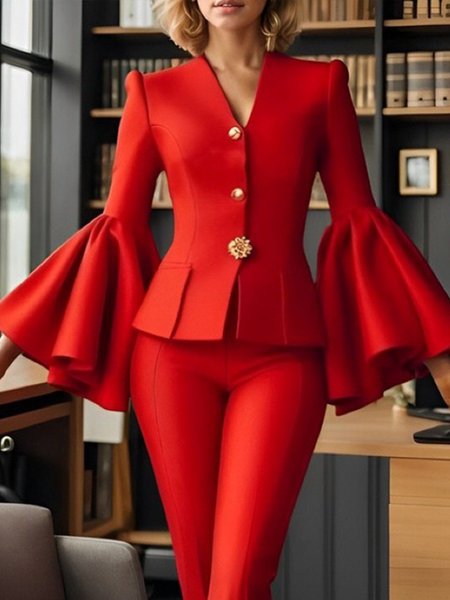 

Urban V Neck Ruffle Sleeve Buttoned Regular Fit Jacket, Red, Jackets
