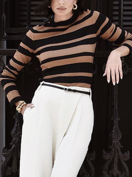 

Regular Sleeve Urban Striped T-Shirt Sweater, Black-coffee, Tees