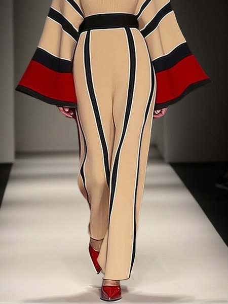 Color Block High Waist Straight Sweater Pants, As picture, Pants