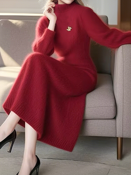 

High Elasticity Regular Fit Plain Regular Sleeve Mock Neck Long Sleeve Elegant Sweater Midi Dress Brooch not included, Red, Midi Dresses