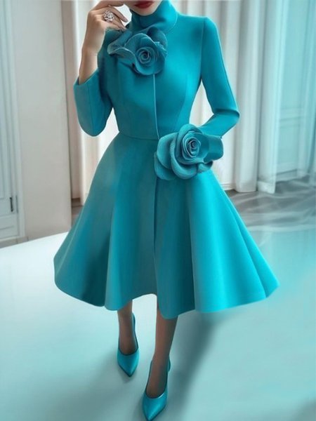 

Elegant 3D Floral Turtleneck Dress, Blue, Midi Dresses
