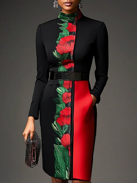 

Urban Floral Turtleneck Dress, As picture, Mini Dresses
