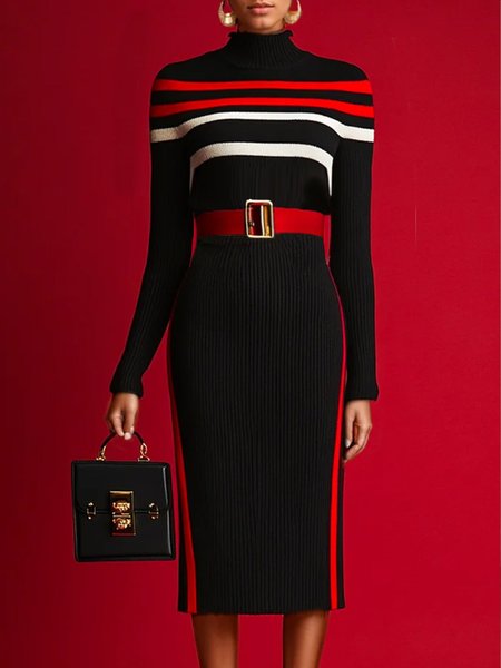 

Color Block Mock Neck Urban Regular Sleeve Sweater Dress With No Belt, Red, Midi Dresses