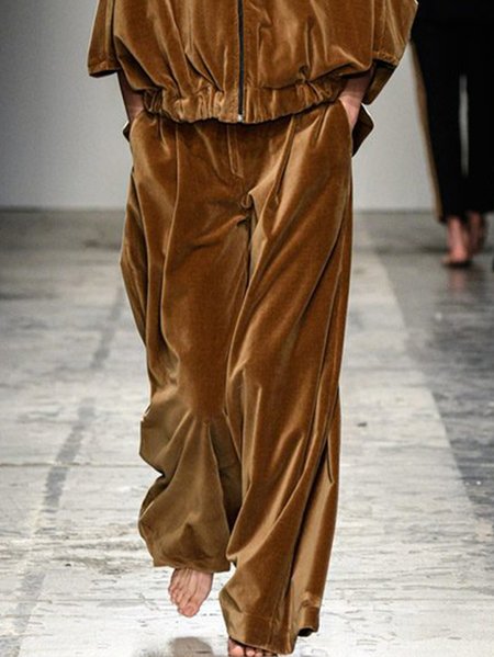 

Loose Plain Casual Wide leg Pants, Brown, Pants