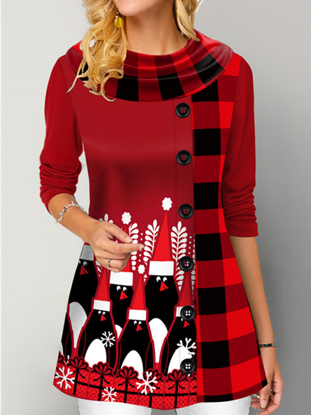 

Crew Neck Long Sleeve Plaid Regular Micro-Elasticity Loose Blouse For Women, Red, T-shirts