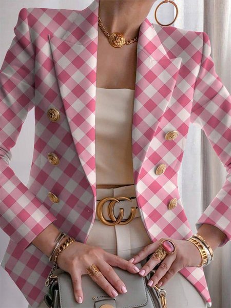 

Buttoned Plaid Regular Sleeve Urban Blazer, Pink, Blazers