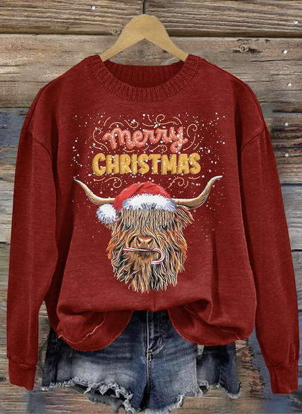 

Christmas Cute Highland Cow Round Neck Sweatshirt, Red, Hoodies&Sweatshirts