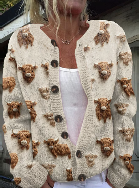 

Highland Cow Art Knitted Button Sweater Cardigan, Khaki, Cardigans