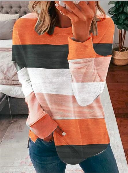 

Casual Crew Neck Striped Sweatshirt Zipper, Orange red, Hoodies & Sweatshirts