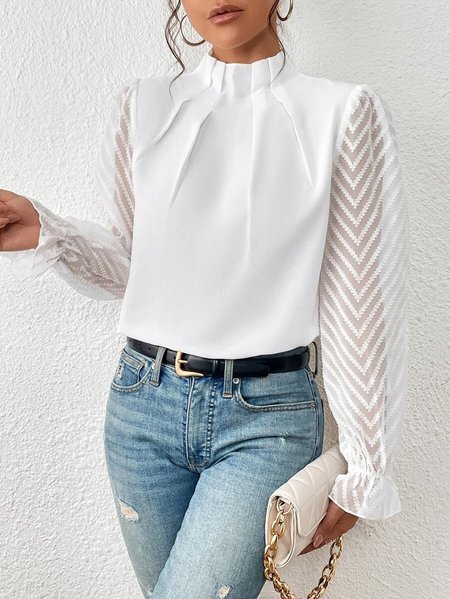 

Casual Plain Mock Neck Long Sleeve T-shirt, White, T-shirts