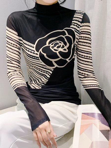 

Casual Floral Long Sleeve Stand Collar T-Shirt, Black, Tees