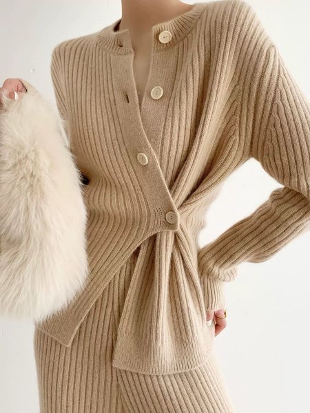 

Crew Neck Plain Buttoned Casual Sweater, Apricot, Pullovers
