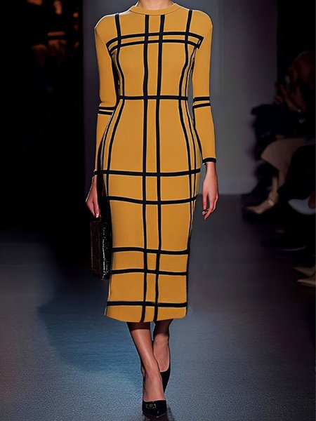 

Tight Striped Regular Sleeve Urban Midi Dress, Yellow, Maxi Dresses