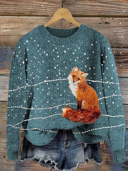 

Women's Cute Fox Print Crewneck Knit Sweater, As picture, Sweaters