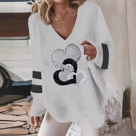 

V Neck Long Sleeve Heart/Cordate Hot Drilling Regular Micro-Elasticity Loose Blouse For Women, Gray, Blouses