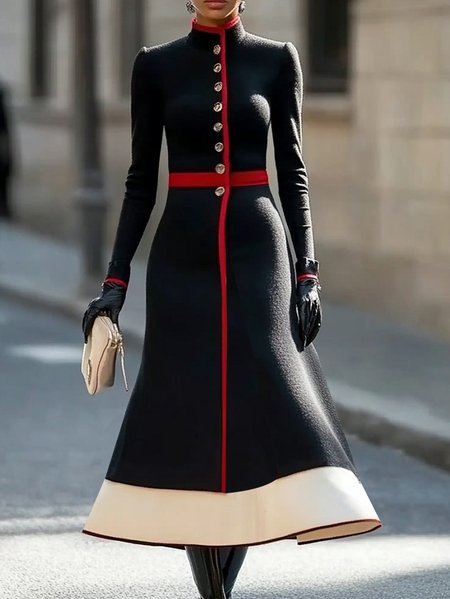 

Regular Fit Stand Collar Elegant Dress, Black, Maxi Dresses