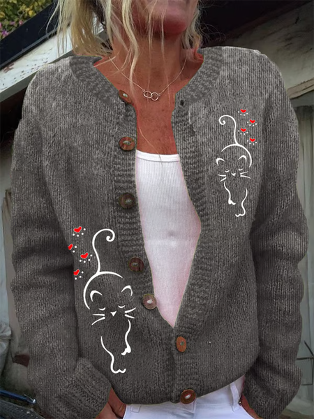 Women's Funny Cat Print Knitted Cardigan, Gray, Cardigans