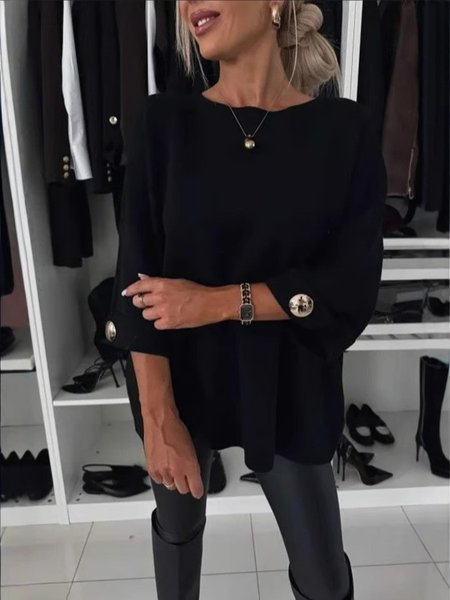 Women Yarn/Wool Yarn Plain Long Sleeve Comfy Casual Sweater, Black, Sweaters
