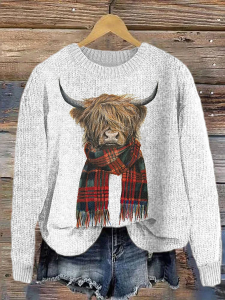 Western Highland Cow & Plaid Cozy Knit Sweater, White, Sweaters