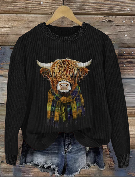 

Scottish Cute Little Cow Round Neck Sweater, Black, Sweaters