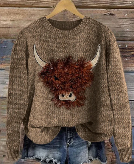 

Imogen – flauschiger pullover mit kuhstickerei Sweater, Brown, Sweaters