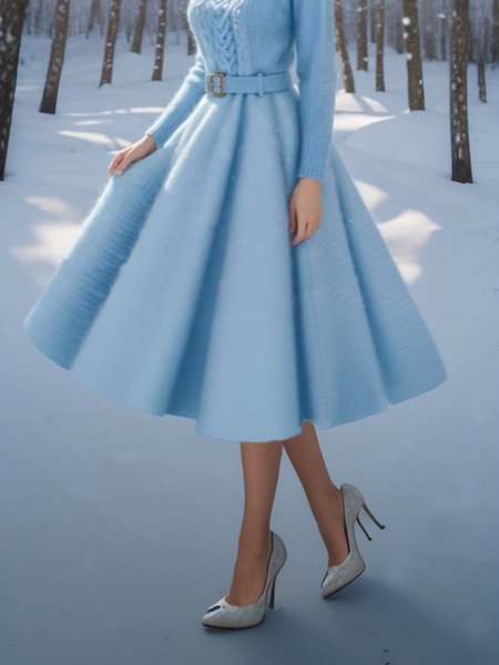 

Elegant Loose Plain Midi Skirt With Belt, Blue, Skirts