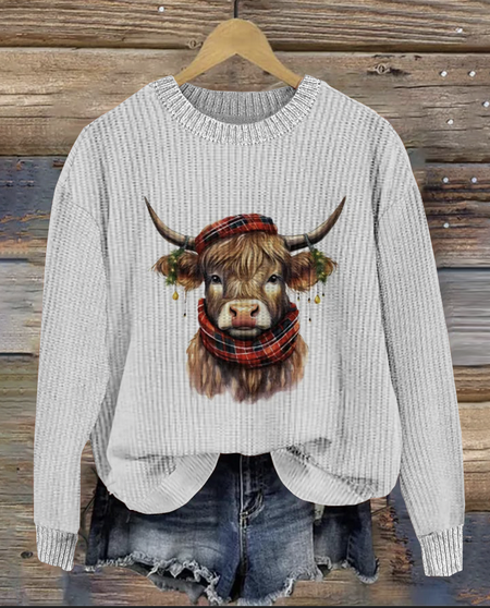 Happy Christmas calf knitted round neck sweater, White, Sweaters
