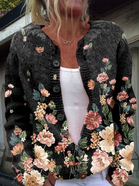 

Women's Casual Floral Print Crewneck Knit Cardigan, As picture, Cardigans