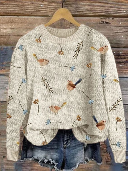

Women's Bird and Floral Print Crewneck Knit Sweatshirt, As picture, Sweaters