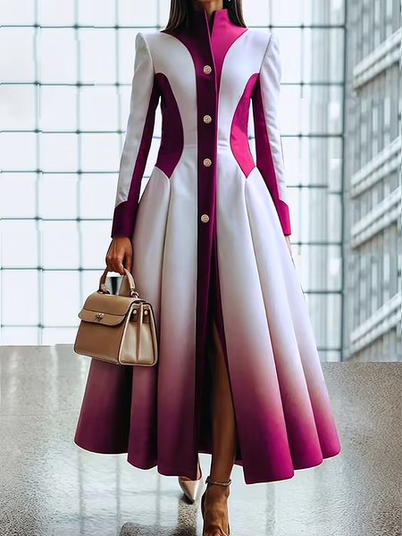 

Regular Fit Elegant Regular Sleeve Stand Collar Long Sleeve Color Block Long Coat, As picture, Coats