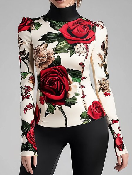 

Regular Sleeve Tight Turtleneck Urban Floral T-Shirt, As picture, Tees