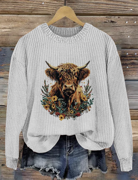 

Plant and Flower Art Highland Cow Round Neck Sweater, White, Sweaters