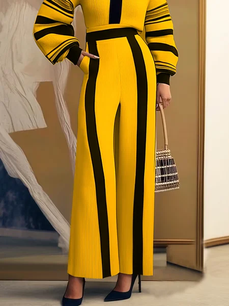 

Medium Elasticity Casual High Waist Color Block Regular Fit Sweater Pants, As picture, Knit Pants