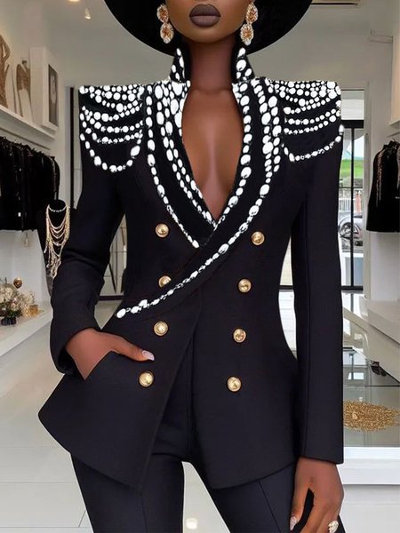 

Printing Abstract Polka Dots Urban Regular Sleeve Stand Collar Blazer, Black-white, Blazers