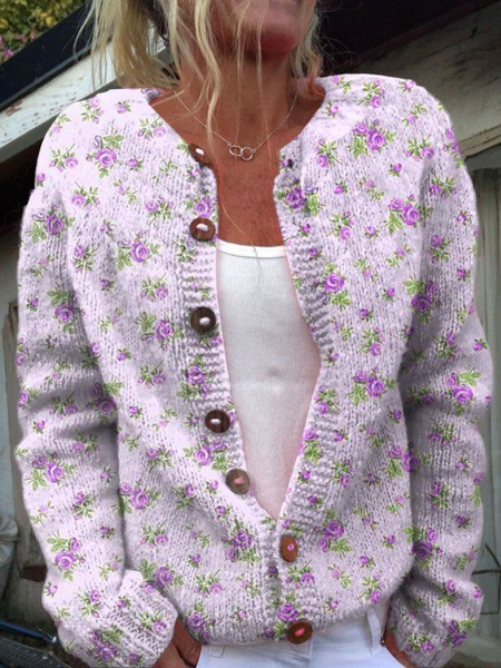 

Women's Casual Floral Print Crewneck Knit Cardigan, As picture, Cardigans