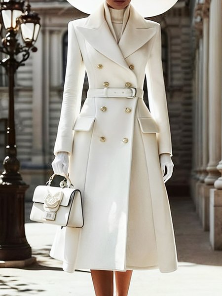 

Regular Sleeve Urban Lapel Collar Regular Fit Coat With Belt, White, Coats