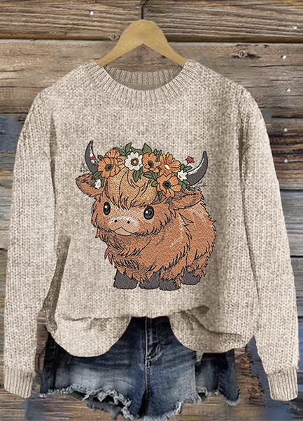 Scottish Cute Little Cow Round Neck Sweater, Khaki, Sweaters