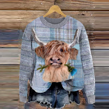 

Highland Cow Greetings Wool Felt Knitted Pullover Sweater, Blue, Sweaters