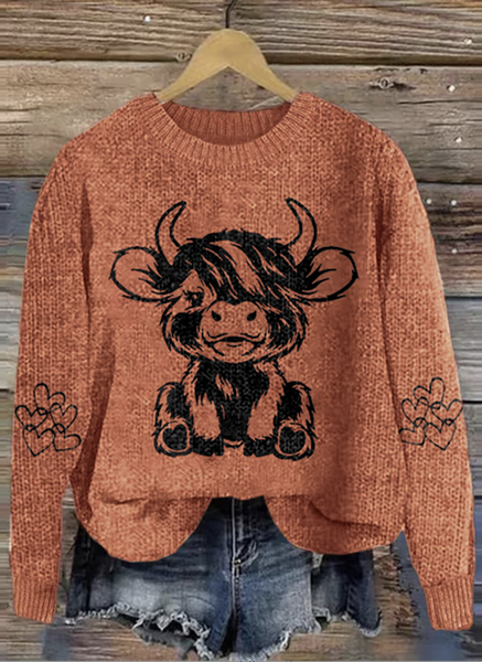 

Cute highland cow round neck sweater, Orange, Sweaters